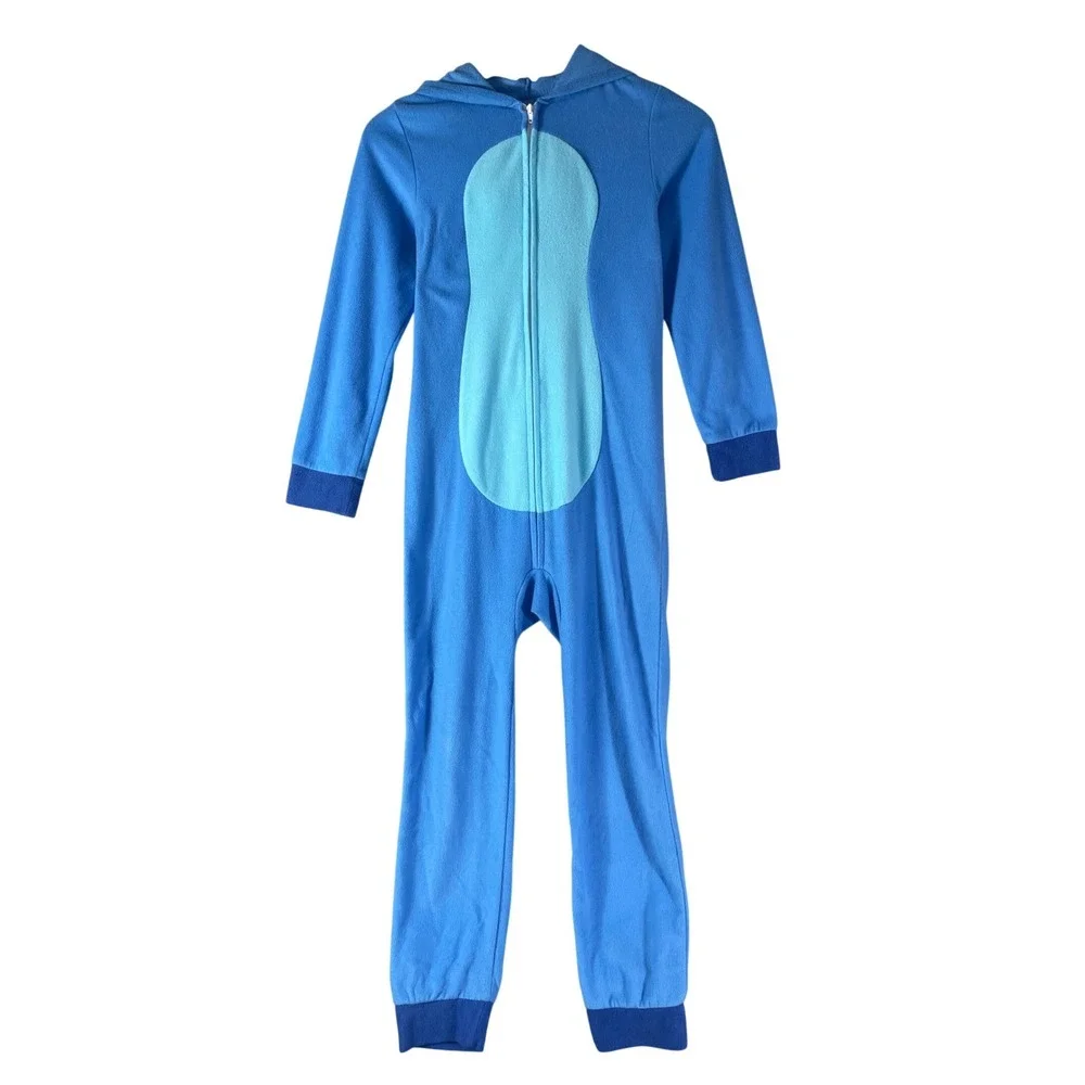 Disney Stitch Kids Fleece Pajamas L 10/12 Blue Hooded Costume Union Suit